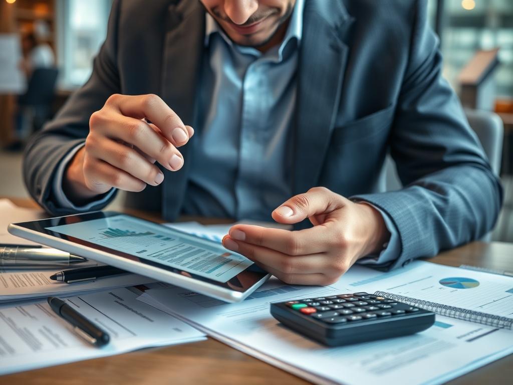 A hyper-realistic close-up shot of a business owner analyzing financial reports on a tablet, surrounded by documents and a calculator. The background should suggest a busy office environment, emphasizing the focus on detailed financial oversight and security.