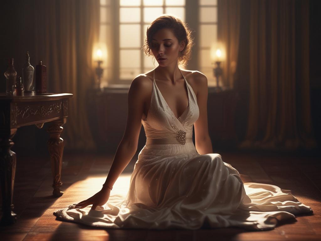 A sensuous and alluring woman in a soft, intimate setting,