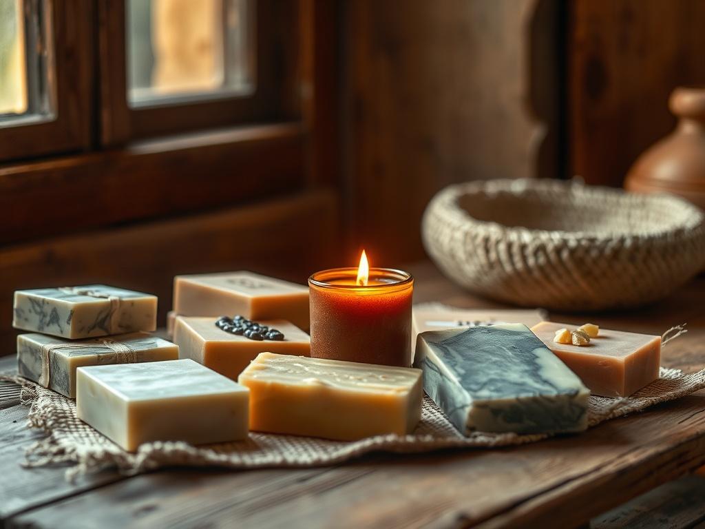 A rustic setting with a single handmade candle softly glowing