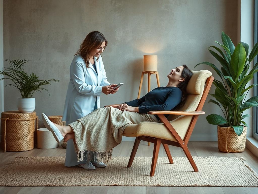 A tranquil setting featuring a comfortable chair and soft lighting,