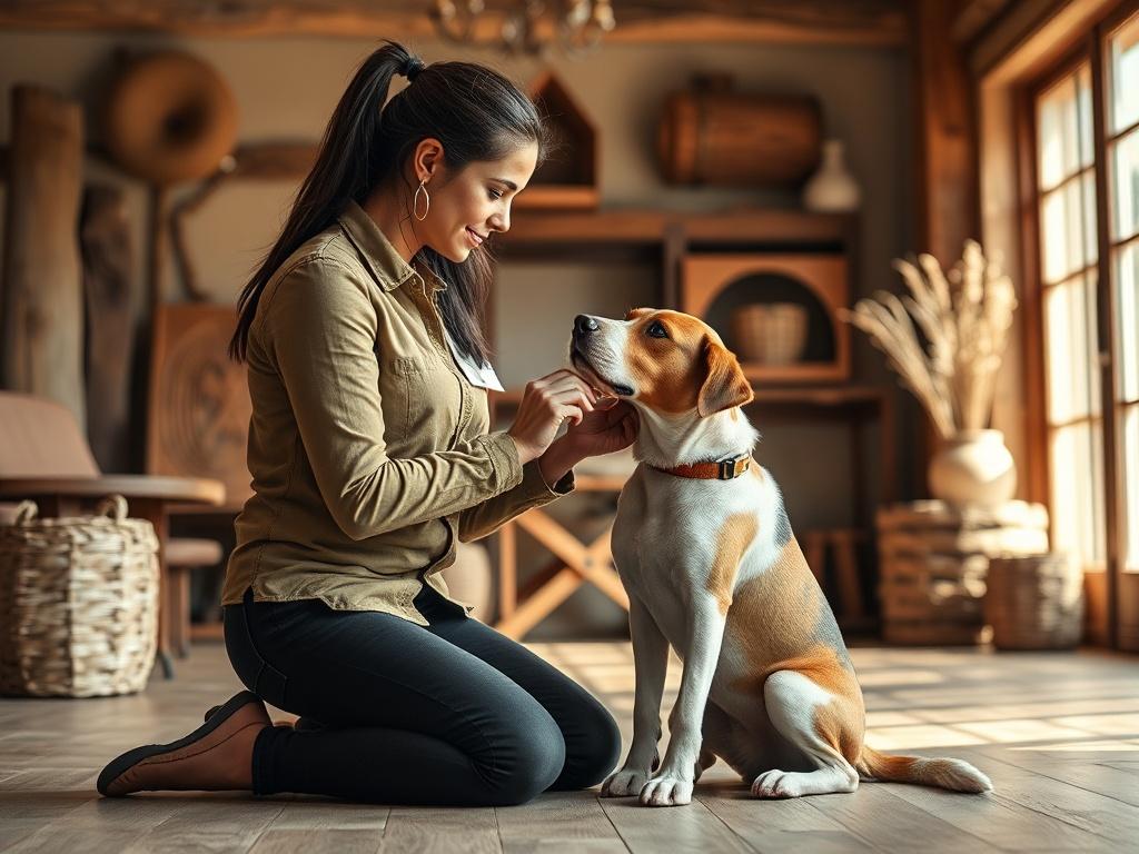 A serene indoor training session featuring a trainer kneeling beside