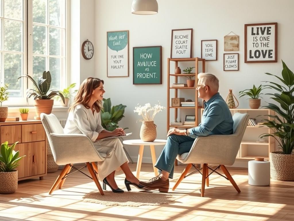 A bright and uplifting office setting where a life coach