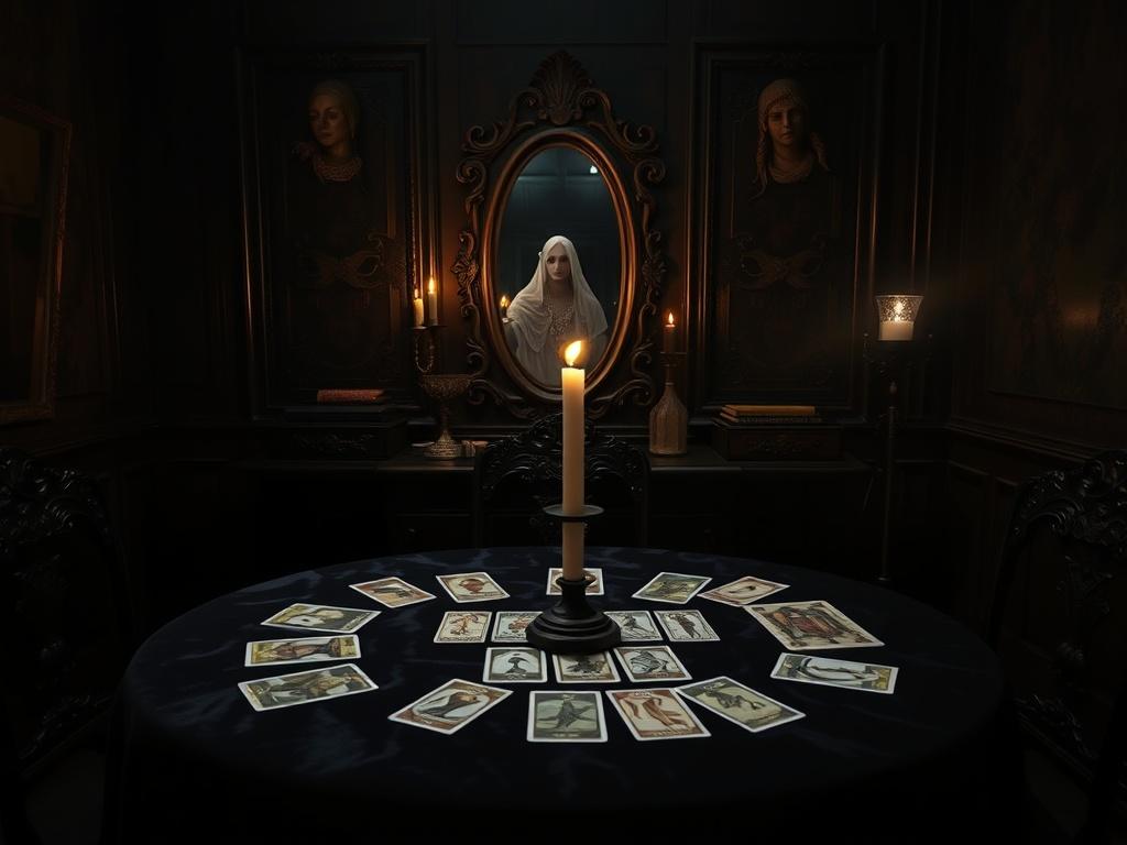 A mysterious, dimly lit room with rich, deep shadows and
