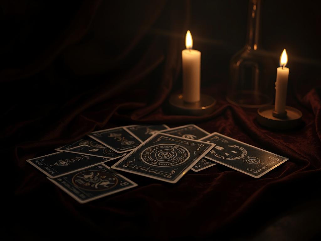 A mysterious and elegant tarot card spread on a dark