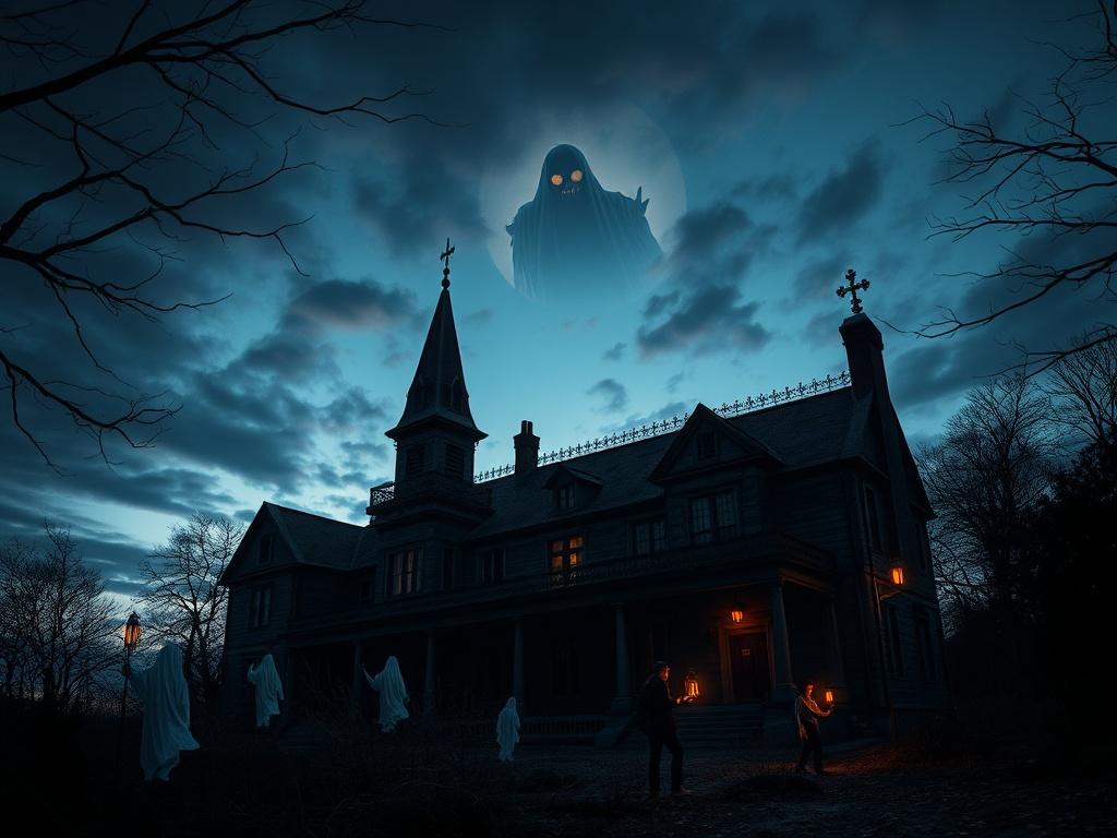 A picturesque haunted location at twilight, with an old mansion