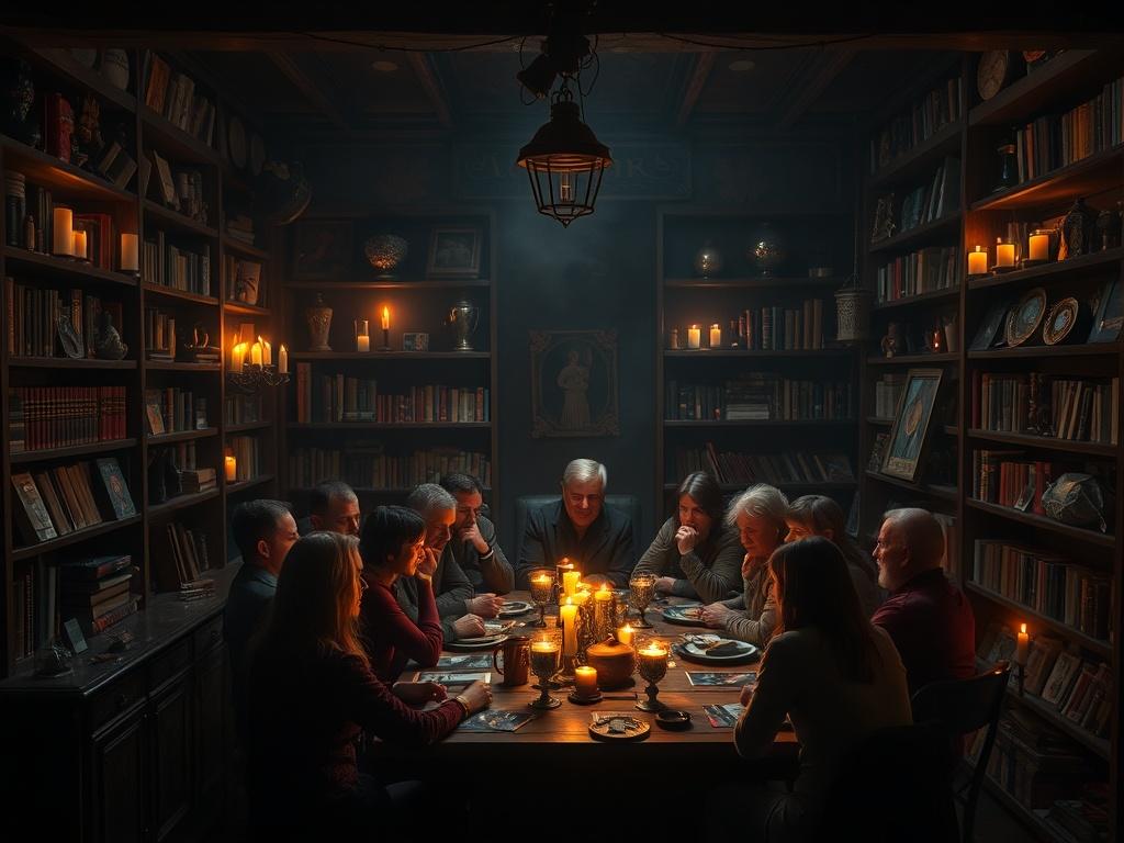 A cozy, candle lit room filled with people gathered around