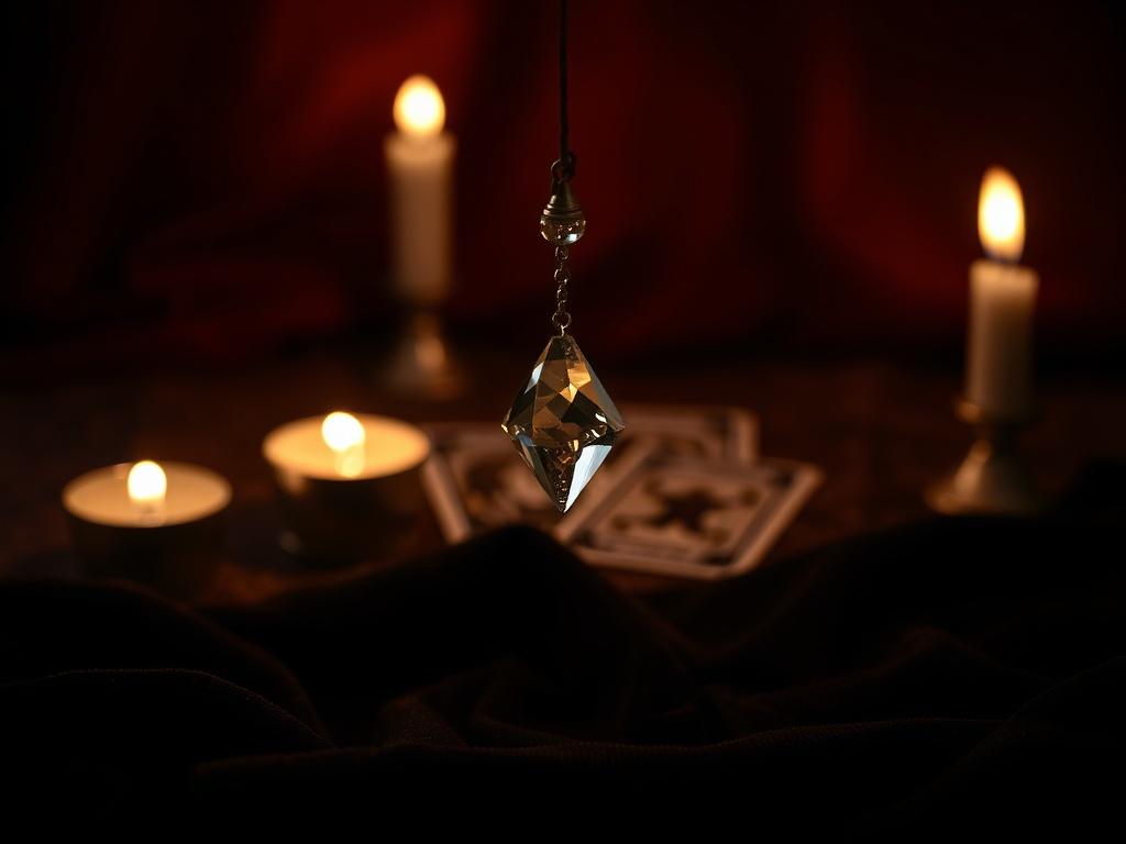 A close up of a pendulum swinging above a dark
