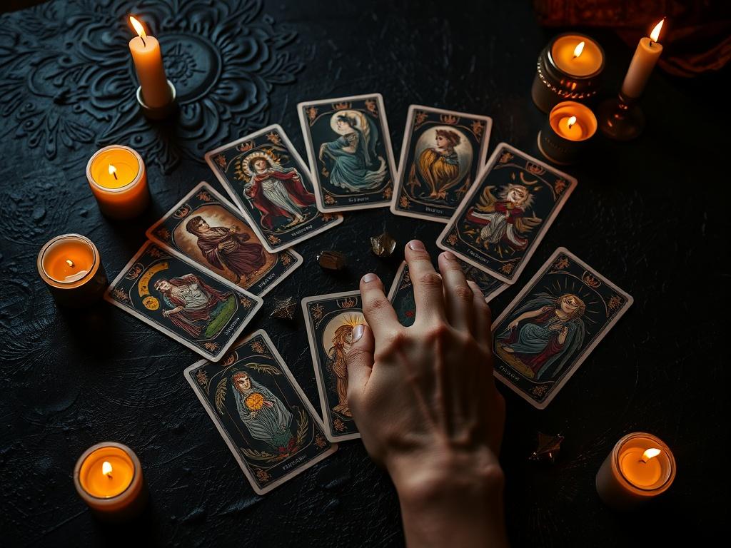 An elegant tarot card spread on a dark, textured surface,