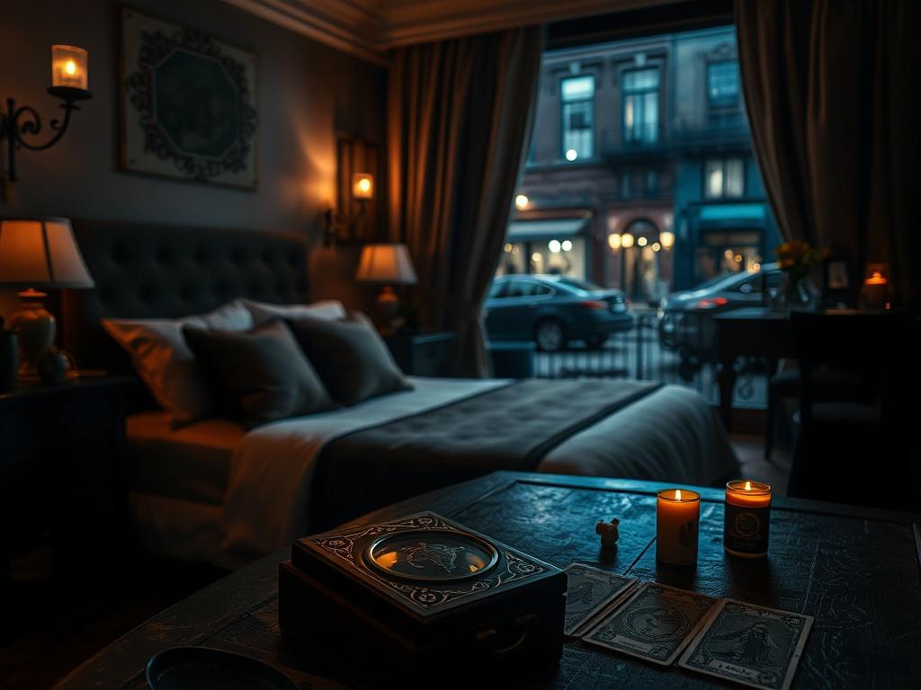 A cozy boutique hotel room in a historic building, dimly lit with soft candlelight, featuring a comfortable bed with plush pillows, vintage decor, and a view of a spooky street outside. In the foreground, a ghost-hunting kit with a pendulum and tarot cards is laid out on a table. The ambiance should evoke mystery and allure, with deep shadows and rich contrasts, capturing the essence of a paranormal adventure.