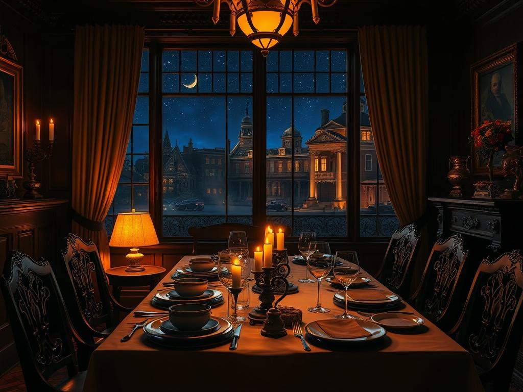 A luxurious historic hotel in Salem, Massachusetts, with elegant dark wood furniture and antique decor. A warm candlelit ambiance fills the room, creating a mysterious atmosphere. In the foreground, a beautifully set dining table with gourmet dishes and vintage tableware. The background features a window showing a view of Salem's iconic witch trial sites under a starry night sky, highlighted with deep shadows and rich contrasts, enhancing the cinematic feel.