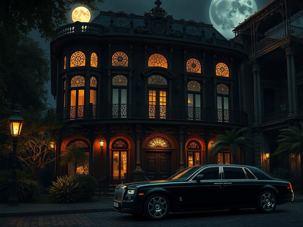 A high-resolution photo of an ornate haunted mansion in the French Quarter, illuminated by moonlight with deep shadows, featuring intricate architectural details. The mansion's windows glow softly, suggesting an inviting yet mysterious interior. Surrounding the mansion, lush greenery and cobblestone streets add to the eerie atmosphere. A luxurious black car is parked in front, hinting at the exclusive transport provided for guests. The scene is rich in contrast, with dramatic lighting that enhances the haun