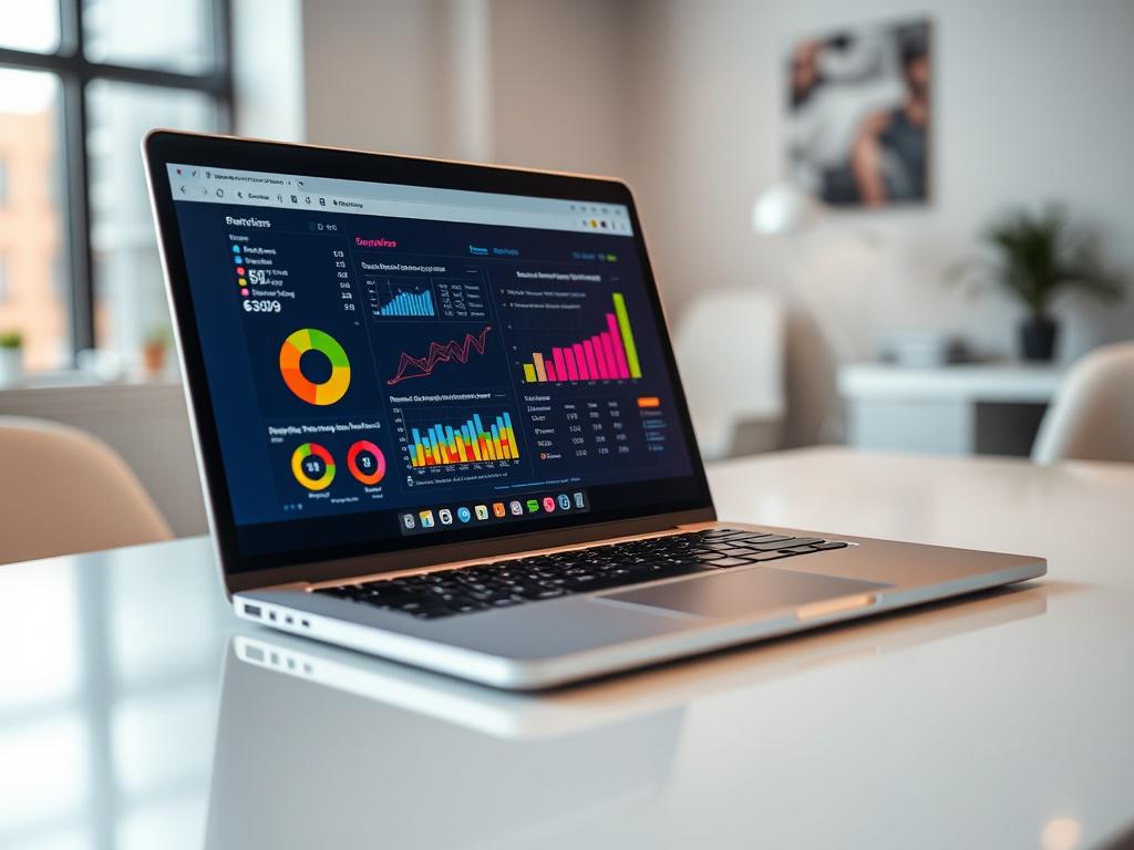 A close-up shot of a laptop displaying a vibrant Rmarkdown report on the screen, showcasing colorful graphs and statistical data. The laptop is placed on a clean, modern desk with a sleek design. The background features subtle hints of a professional office environment, with a blurred view of a window allowing natural light to illuminate the scene. The colors are bright and inviting, emphasizing the primary color rgb(50, 170, 39) to create a harmonious and visually appealing composition.