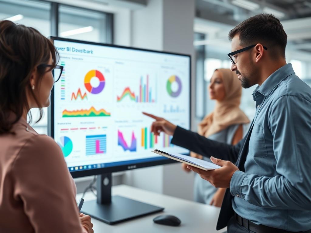 A close-up shot of a vibrant Power BI dashboard displayed on a computer screen in an office setting. The screen shows colorful graphs and analytics. A business professional stands beside the screen, pointing at the data, while another team member takes notes on a notepad. The environment is bright and modern, reflecting a data-driven culture.