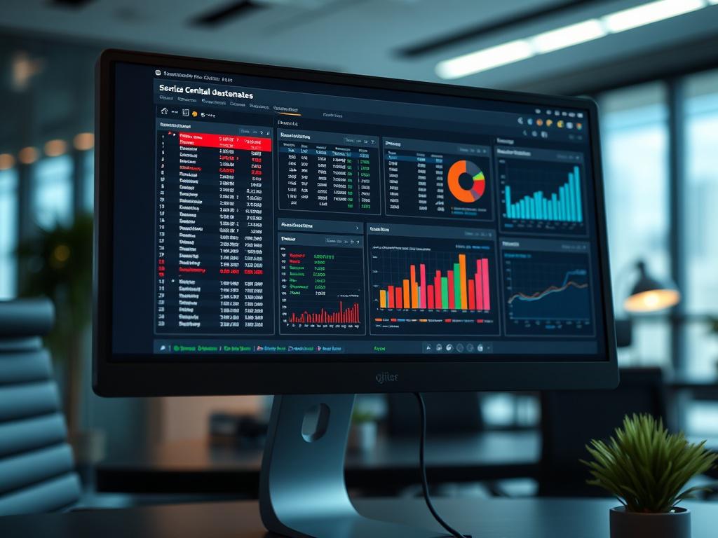 A hyper-realistic close-up shot of a sleek computer screen displaying a well-organized and visually appealing centralized database interface. The screen should show structured data tables and graphs, with an emphasis on clarity and professionalism. The background should be a modern office setting, softly blurred to keep the focus on the screen. The overall color tone should complement the rgb(50, 170, 39) primary color, enhancing the visual appeal.