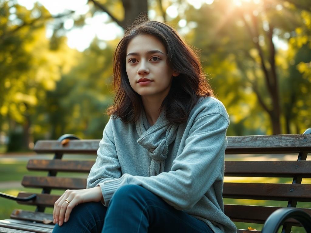 Create a highly realistic, high-resolution image that captures the essence of the blog titled "Understanding Mental Health Challenges in Youth." The composition should be simple and clear, featuring a single subject: a young person, approximately 16-18 years old, sitting pensively on a park bench. The young person should have a thoughtful expression, conveying contemplation about their mental health.

The background should be a serene park setting, with lush greenery and soft sunlight filtering through the 
