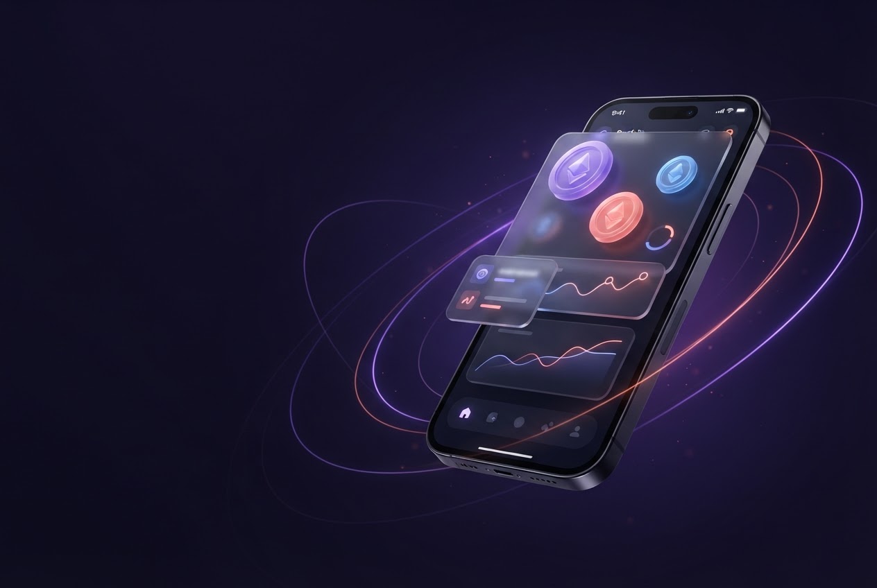 Jaxx Liberty-inspired crypto wallet on a smartphone with glowing violet and coral accents
