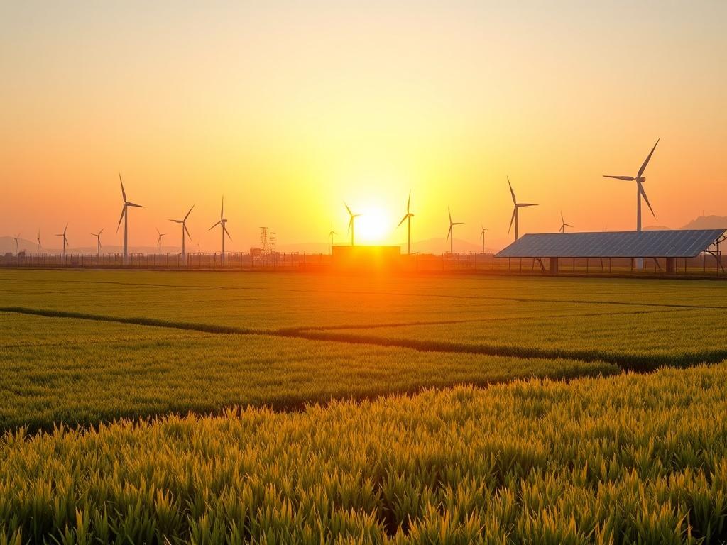 A serene sunset over a modern agricultural landscape, showcasing lush