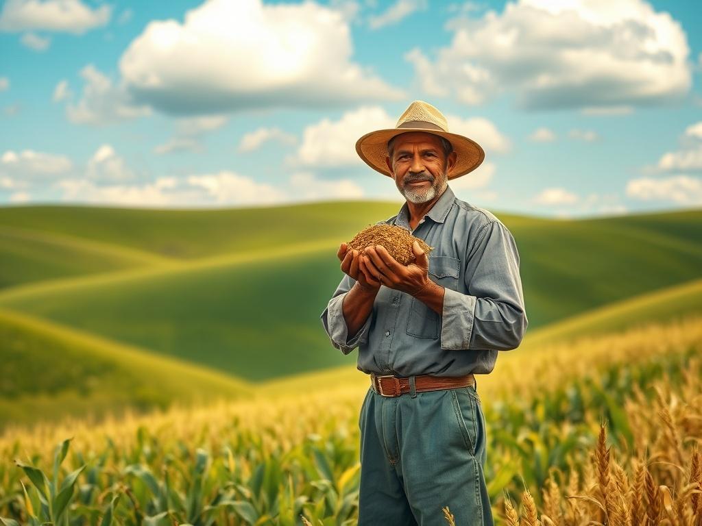 Create a realistic high-resolution photo that encapsulates the theme of "Unlocking Rural Value Chains." Focus on a single subject: a farmer or agricultural entrepreneur standing proudly beside a flourishing crop field. The farmer should be depicted in traditional rural attire, holding a handful of rich, fertile soil to symbolize growth and investment in agriculture.

In the background, include rolling green hills with a vibrant blue sky dotted with fluffy white clouds to evoke a sense of hope and abundance.