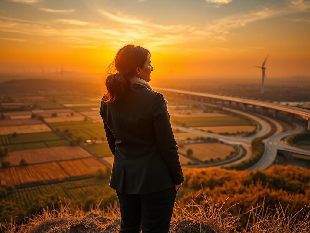 Create a realistic high-resolution photo depicting the concept of "Strategic Focus Regions" in the context of investment. The composition should feature a single, clear subject: a confident businessperson, a middle-aged woman of South Asian descent, standing on a hilltop overlooking a vast landscape filled with a blend of lush agricultural fields, emerging technologies like wind turbines in the background, and expansive infrastructure like roads and bridges. The woman should be looking thoughtfully towards 