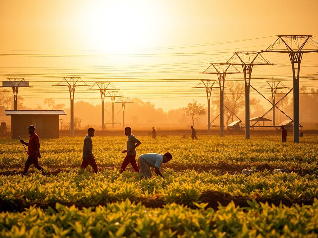 A high-resolution photo showing a community engaged in agricultural activities, with people working together in a field, set in a warm golden hour light. The background includes modern infrastructure like solar panels and irrigation systems, symbolizing investment-driven development.