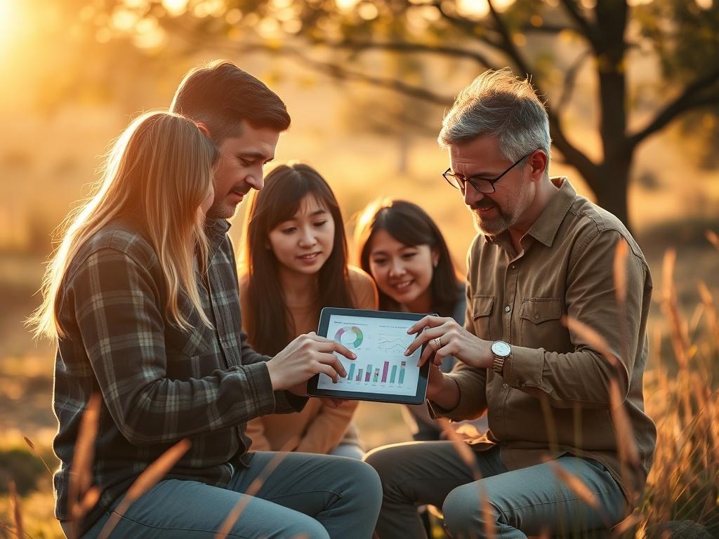 A high-resolution photo illustrating a team analyzing data on a digital tablet in an outdoor setting, with charts and graphs visible. The warm golden hour light enhances the collaborative atmosphere of impact assessment.
