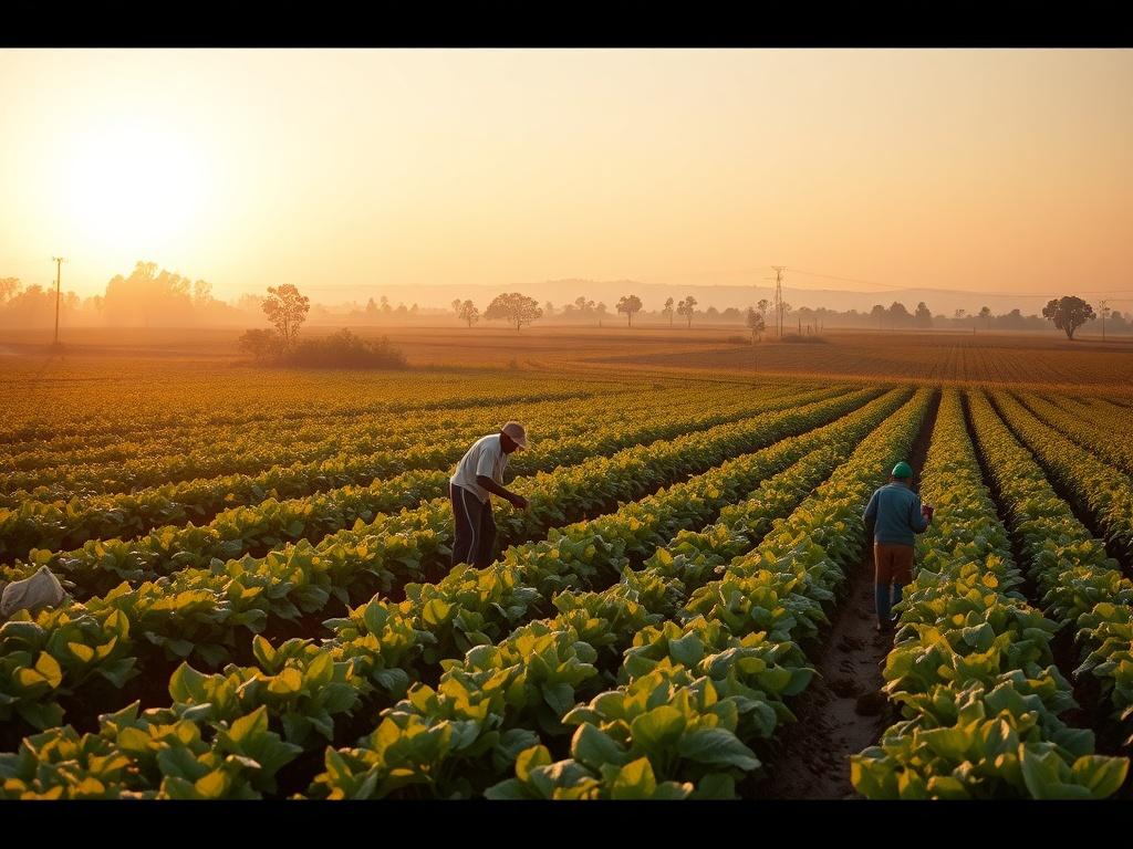 A realistic high-resolution photo of a vibrant agricultural landscape, showcasing farmers working in fields during golden hour, with soft lighting highlighting the lush crops and innovative farming techniques, symbolizing growth and community empowerment.