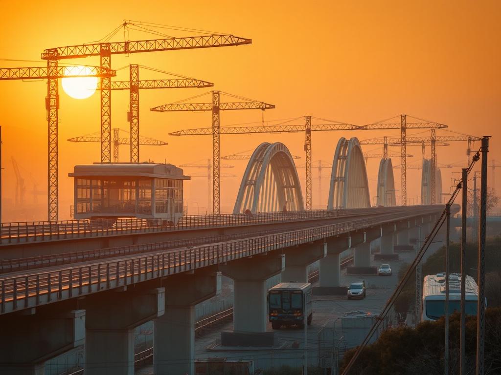 A realistic high-resolution photo depicting a modern infrastructure project such as a bridge or transportation hub, bathed in warm golden hour sunlight, with soft lighting emphasizing the details of the construction and surrounding environment, showcasing the connection between infrastructure and community.
