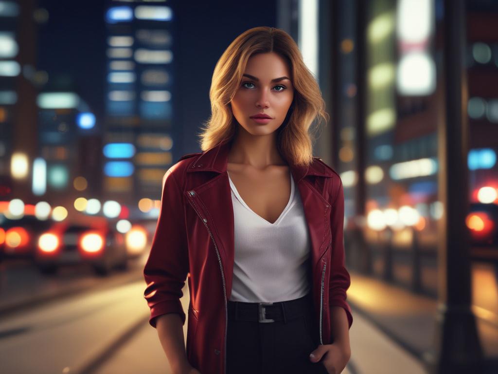 A young, attractive female escort in a stylish outfit, posing