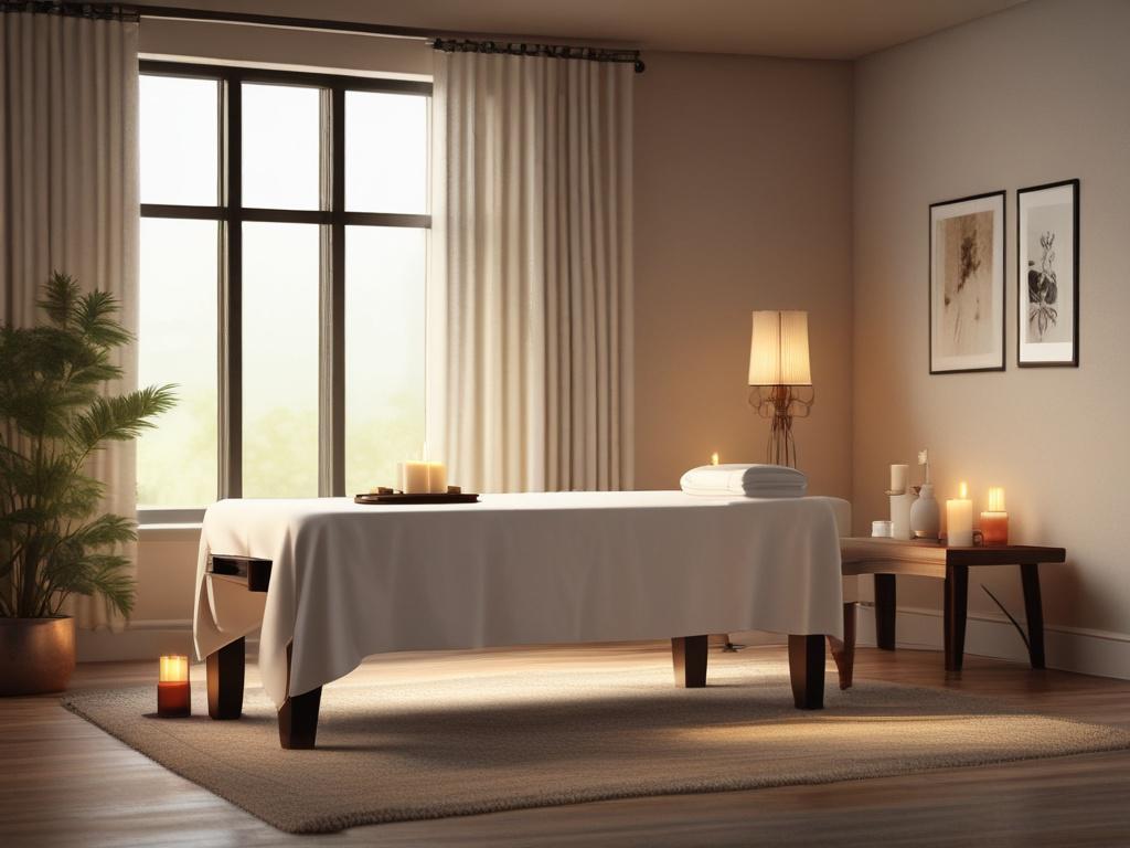 A serene scene featuring a luxurious massage table in a