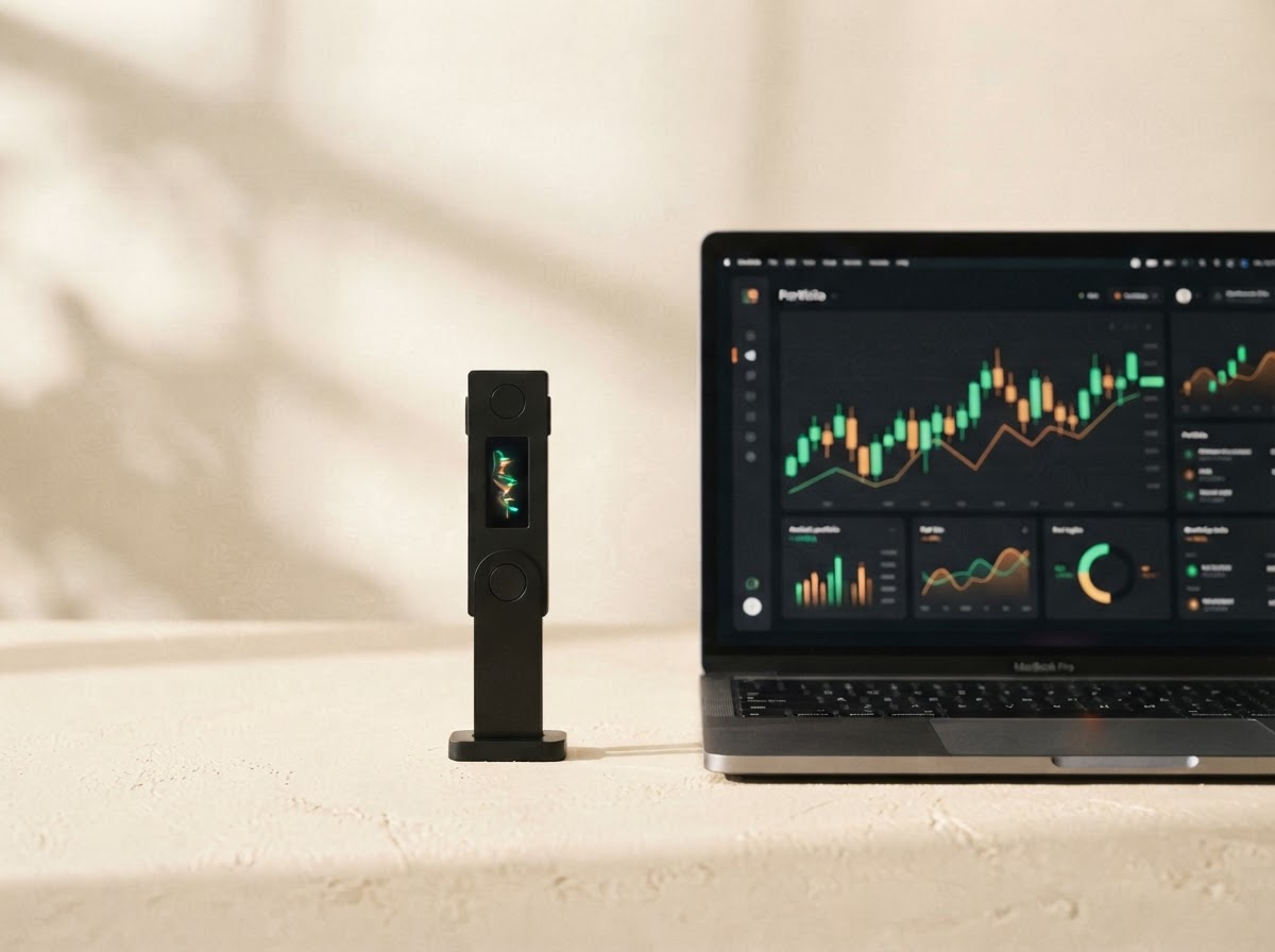 Hardware wallet beside a laptop displaying a crypto portfolio
