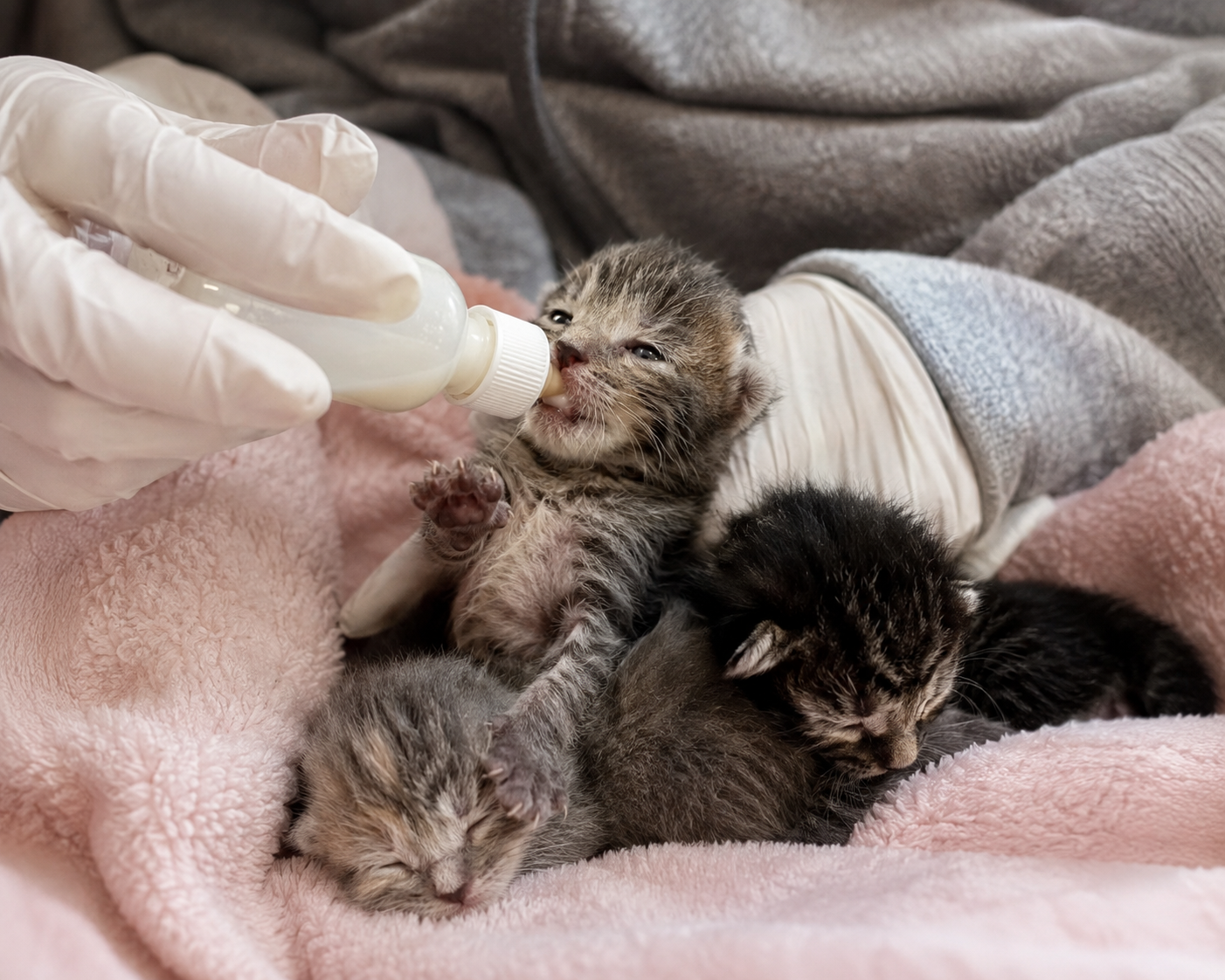 Newborn kitten being gently bottle-fed in a warm, caring moment