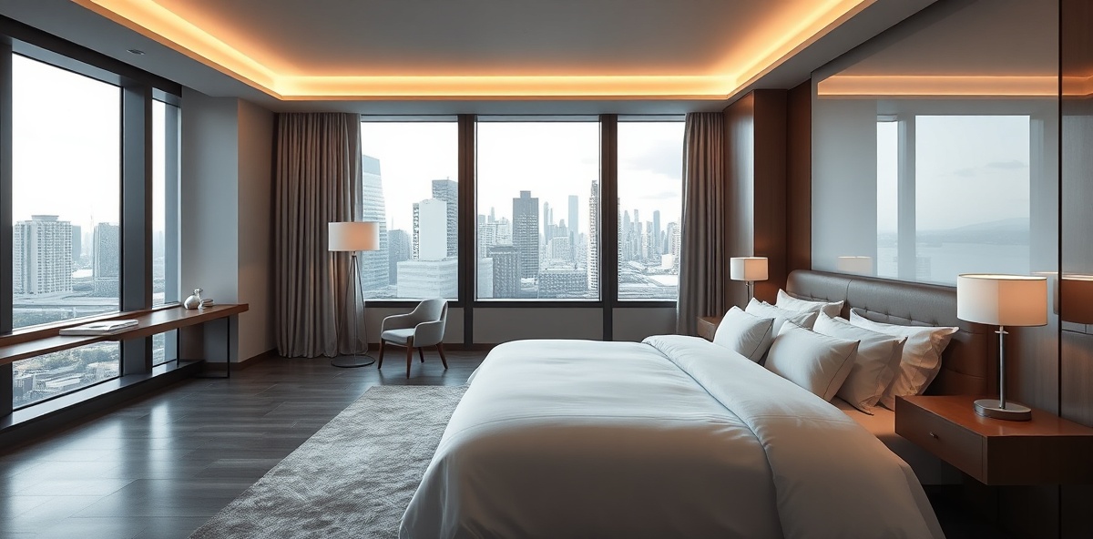 Modern contemporary hotel room with sleek minimalist design and city views