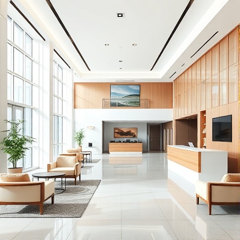 Modern hotel lobby with professional reception area