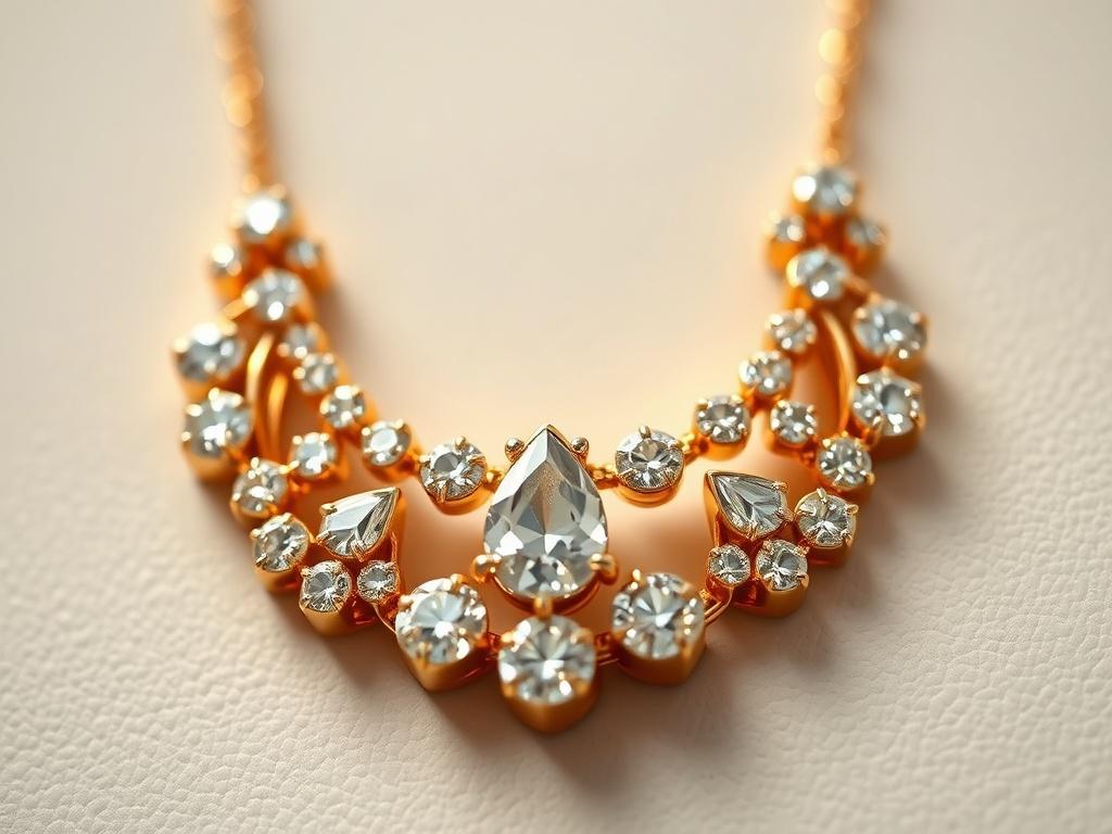 A close up shot of an exquisite gold necklace adorned