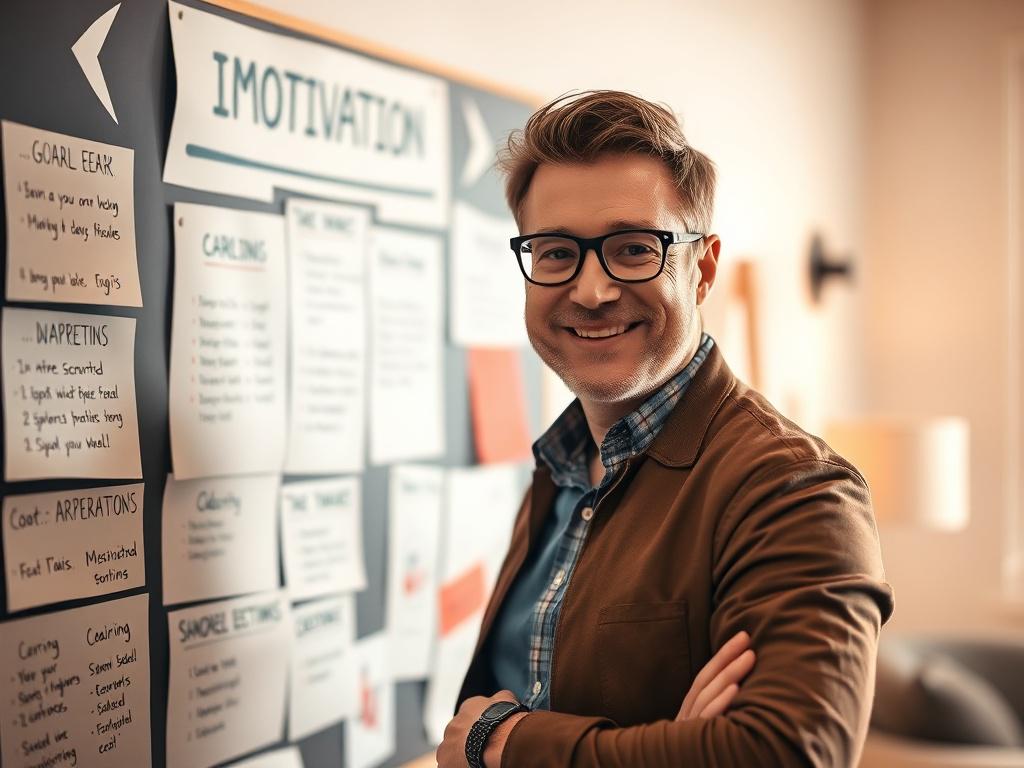 A close-up shot of a confident coach pointing towards a vision board filled with goals and aspirations. The background is softly blurred, featuring warm, inviting colors that evoke motivation and clarity. The coach has an engaging expression, exuding enthusiasm and determination. The composition is clean, focusing solely on the coach and the board, captured with a 45mm f/1.2 lens style.