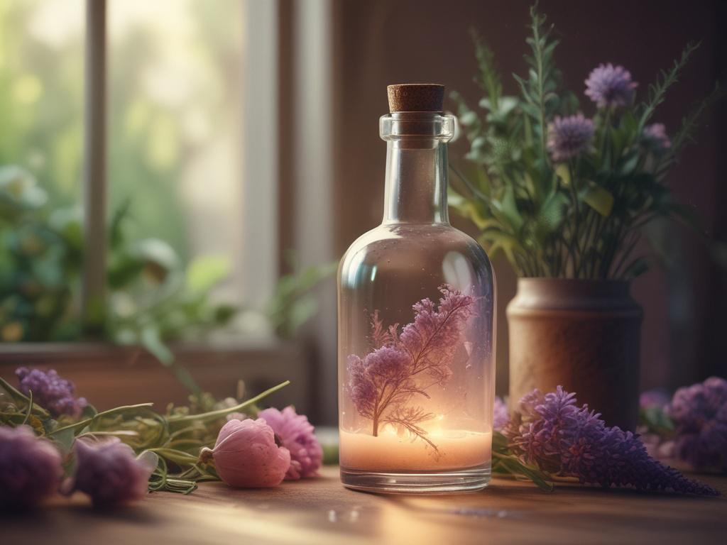 a mystical setting with a glass bottle containing a vibrant