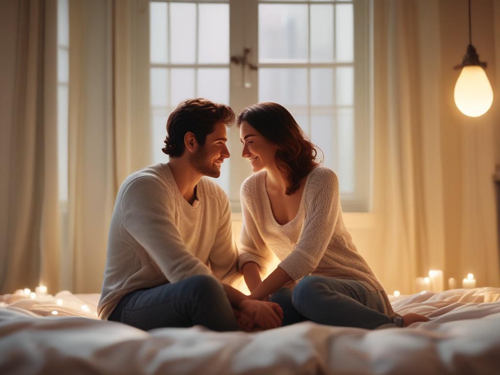 a couple sitting together in a cozy, softly lit room,