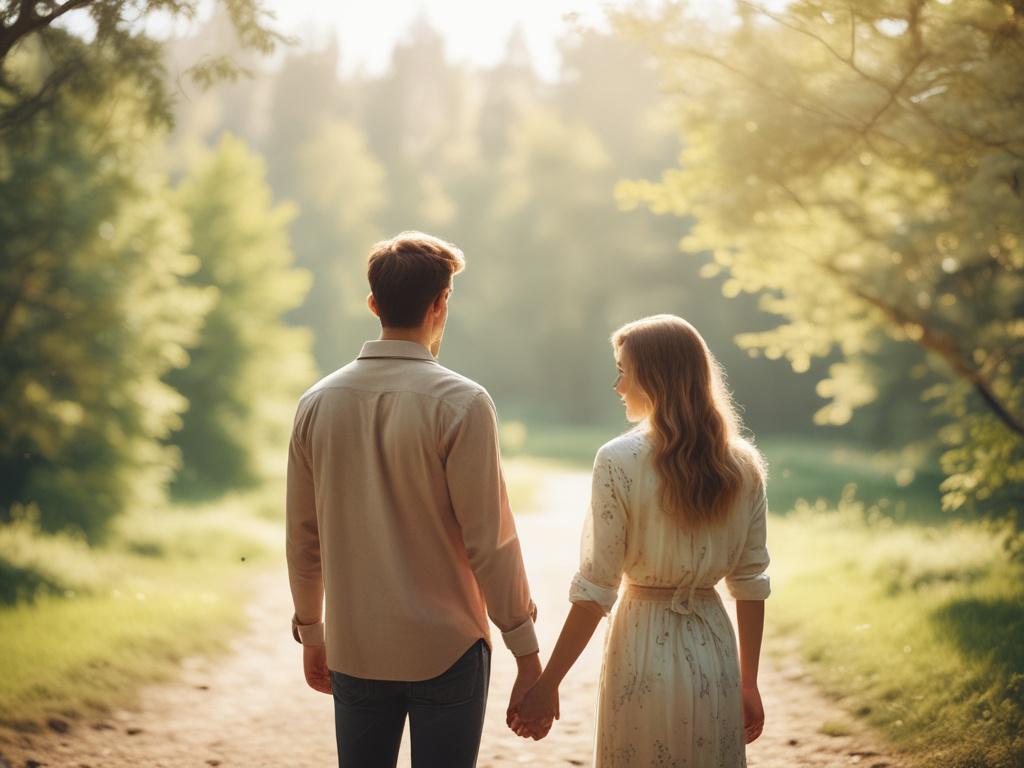 a serene setting with a couple holding hands, surrounded by