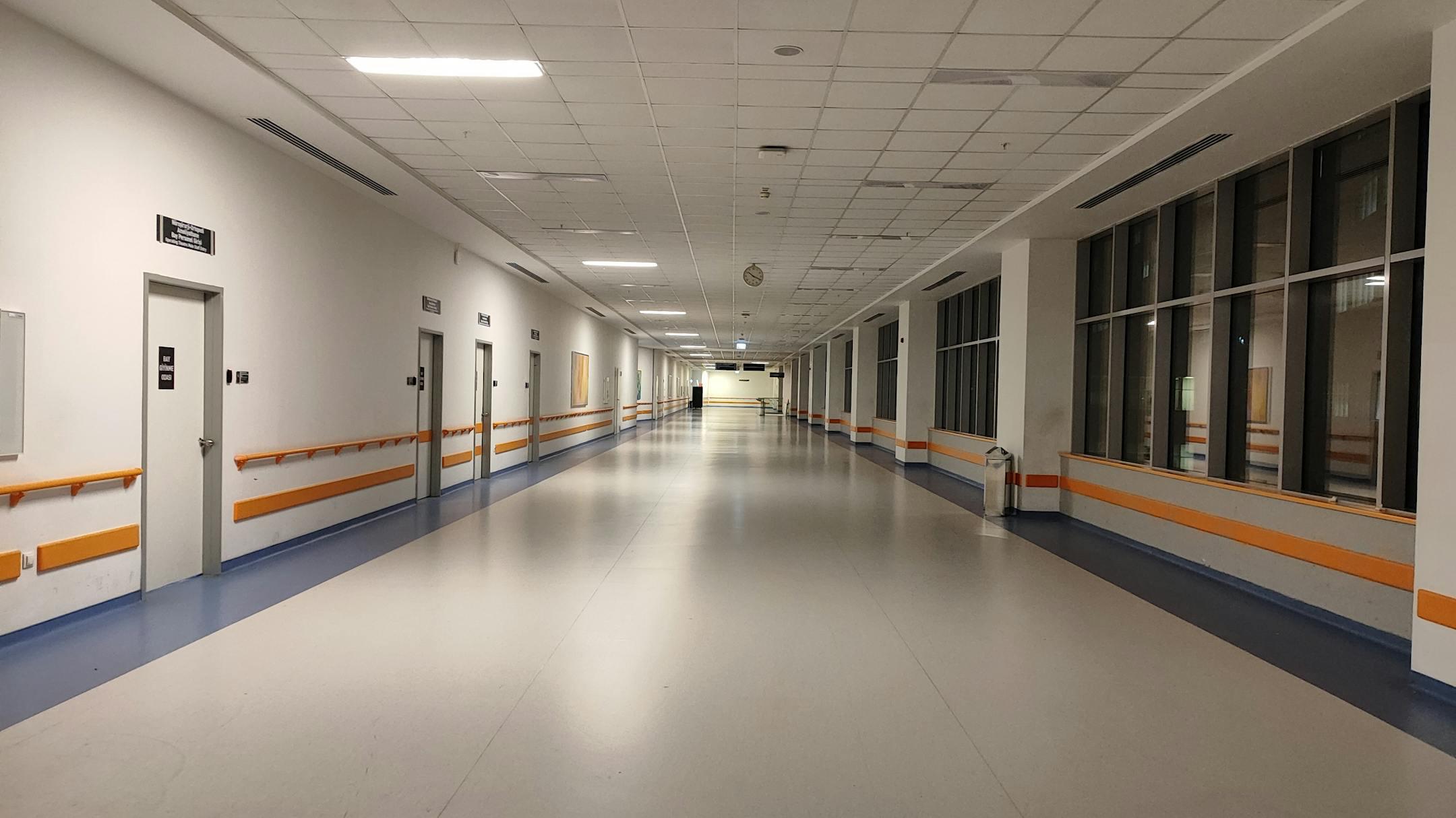 Wide corridor view in a modern hospital, Ankara, Türkiye. Well-lit and clean interior.