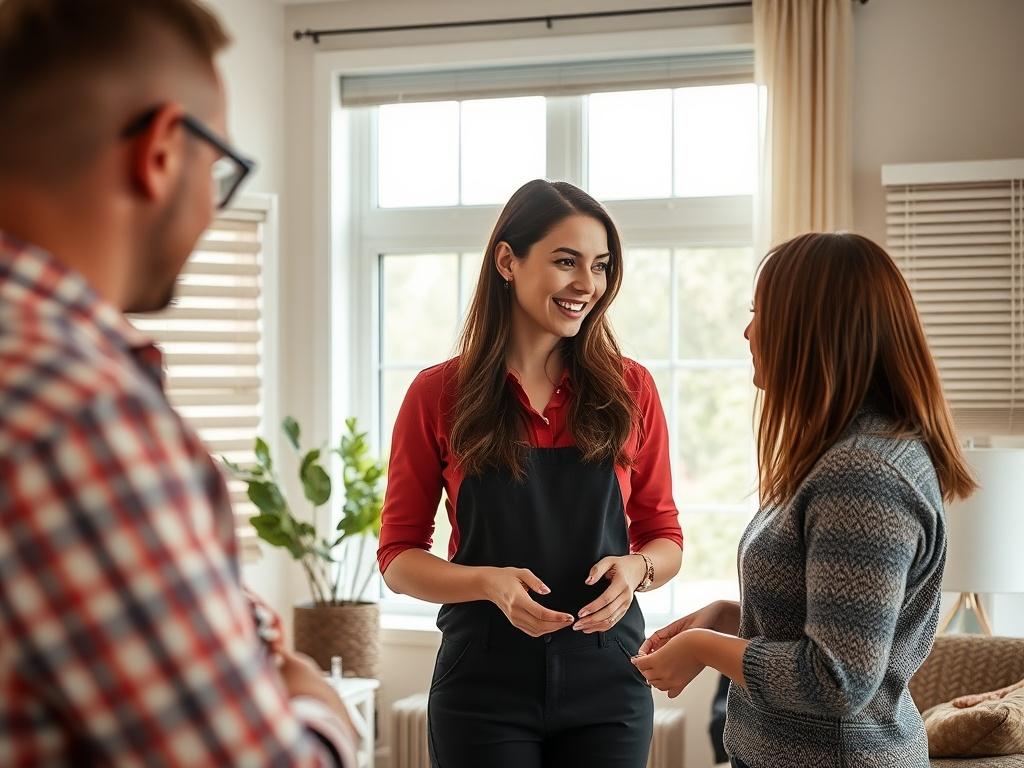 A professional team member from Good Morning Blinds engaging with a customer in a bright, stylish living room, showcasing various window coverings. The background features a large window with natural light streaming in, and a selection of blinds and shades displayed nearby. The composition should capture the warmth and professionalism of the interaction, highlighting the inviting atmosphere of the space.