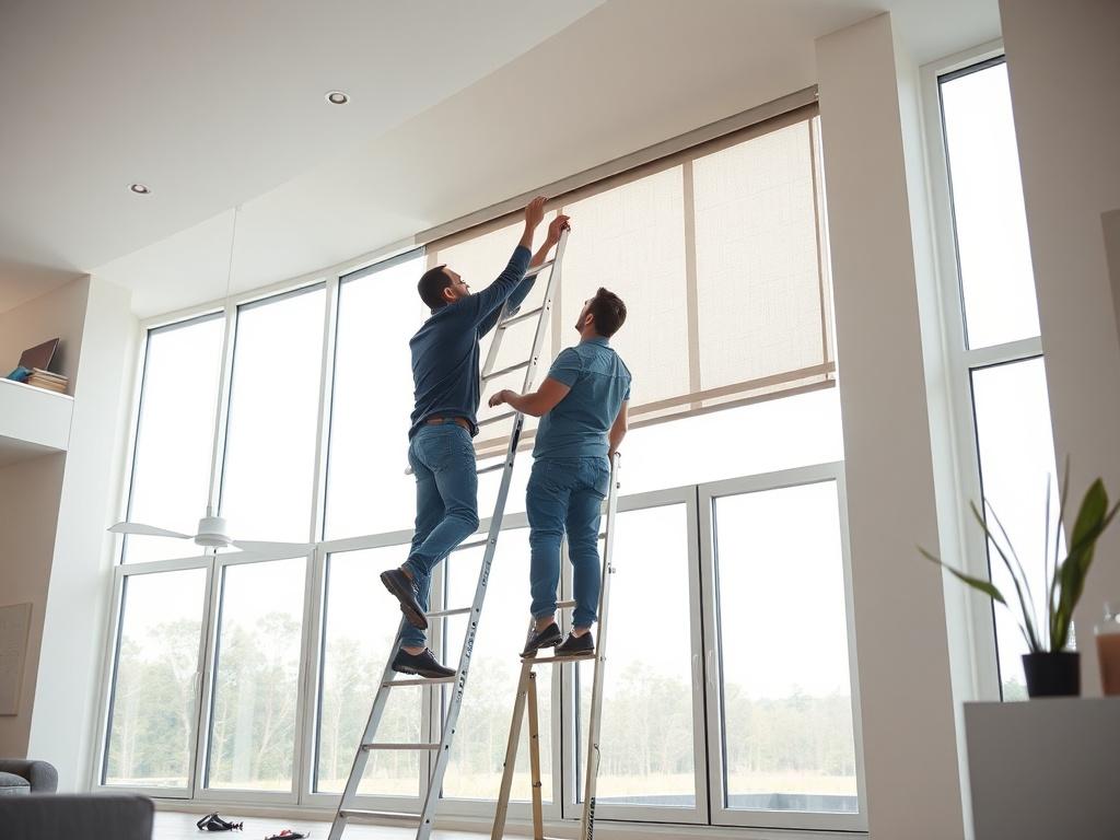 A close-up shot of two men installing roller shades in a modern, spacious house. One man is positioned on a tall ladder, carefully adjusting the roller shade, while the other stands on the ground, holding tools and providing assistance. The background showcases large windows with natural light flooding in, highlighting the sleek design of the house. The focus is on the teamwork and precision involved in the installation process, with a clean, clear composition.
