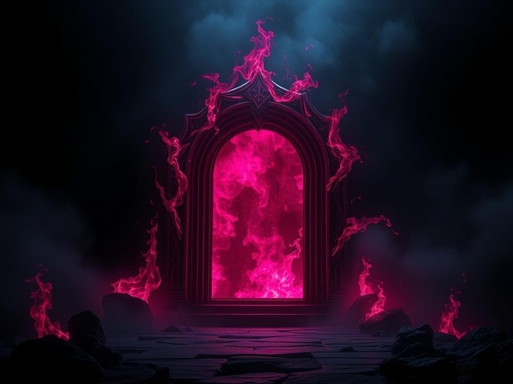 A high resolution image featuring a dark, mystical portal glowing