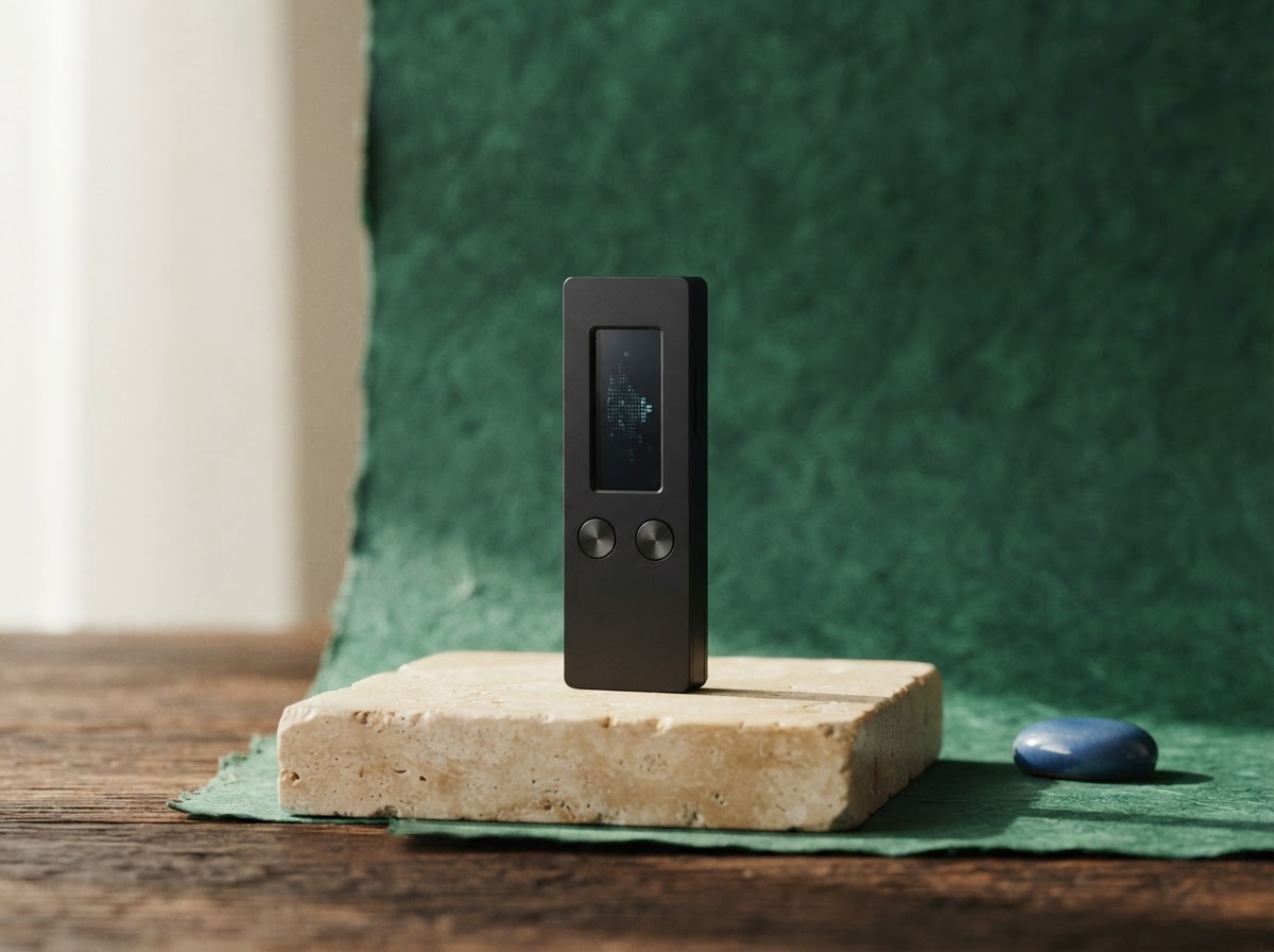 Black hardware wallet shown in full on an ivory plinth against an emerald editorial backdrop