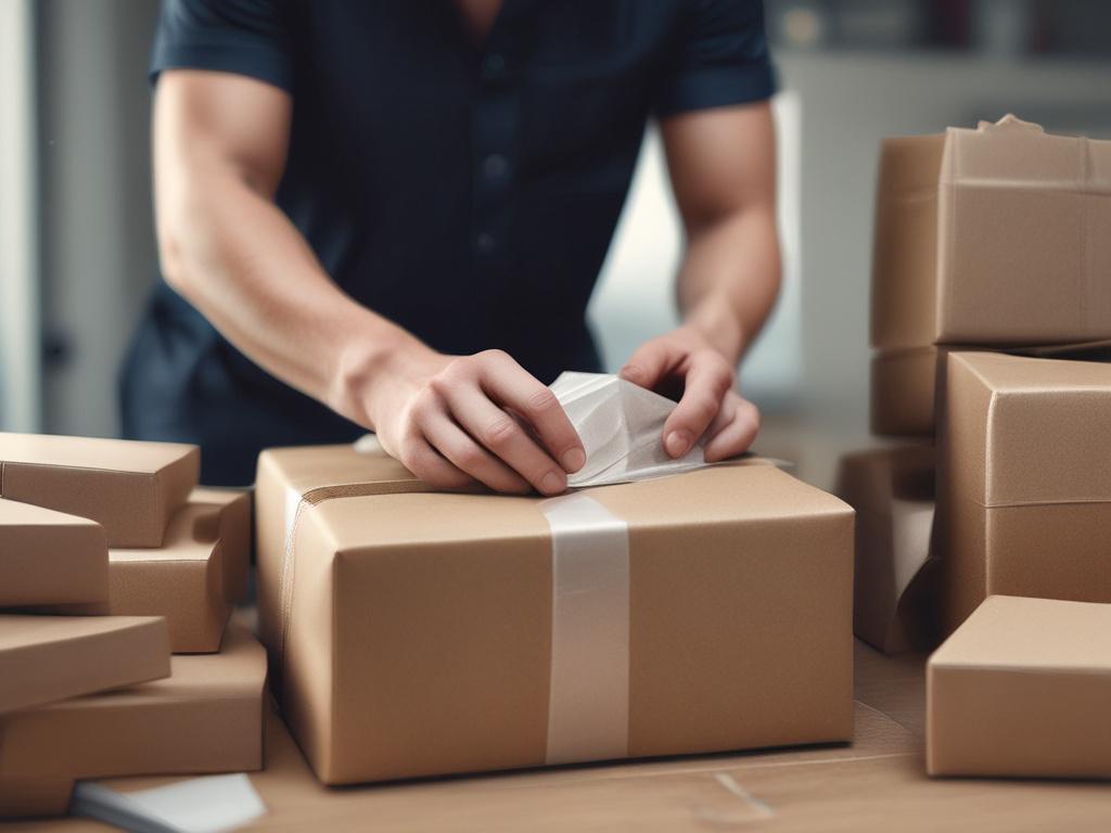 a close up shot of a professional packer carefully wrapping