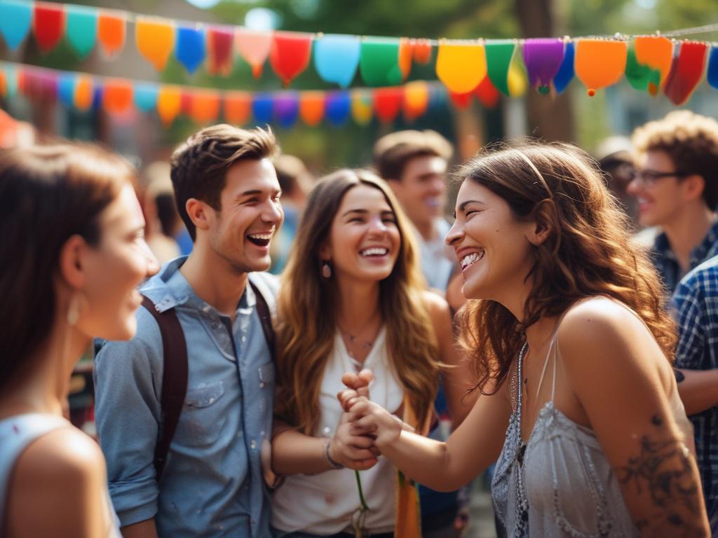 A close-up shot of a vibrant community event, showing students laughing and interacting in a casual outdoor setting. The background features colorful decorations and a lively atmosphere, capturing the essence of connection and inclusivity. The focus is on the joyful expressions of the students, using a 45mm f/1.2 lens for a warm, inviting feel.