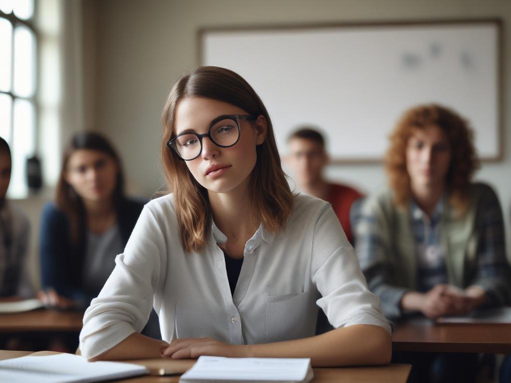 A close-up shot capturing a passionate student presenting during an advocacy workshop, surrounded by attentive peers. The setting shows a collaborative atmosphere with notes and materials spread out. The background is softly blurred, emphasizing the student's expression and commitment, shot with a 45mm f/1.2 lens.