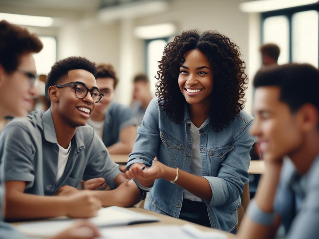A close-up shot of a diverse group of students engaged in a leadership training session, showcasing collaboration and interaction. The background features a well-lit classroom environment with motivational posters on the walls. The focus is on the students, capturing their expressions of enthusiasm and determination, using a 45mm f/1.2 lens for a shallow depth of field.