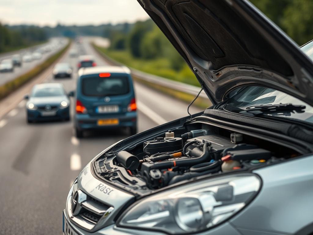 A realistic high-resolution close-up shot of a car broken down on the motorway in the UK. The scene captures the car on the side of the road with a blurred background of traffic and greenery. The focus is on the car's hood, slightly open, with tools and a distressed driver looking at it. The lighting is natural and the image conveys a sense of urgency and need for assistance.