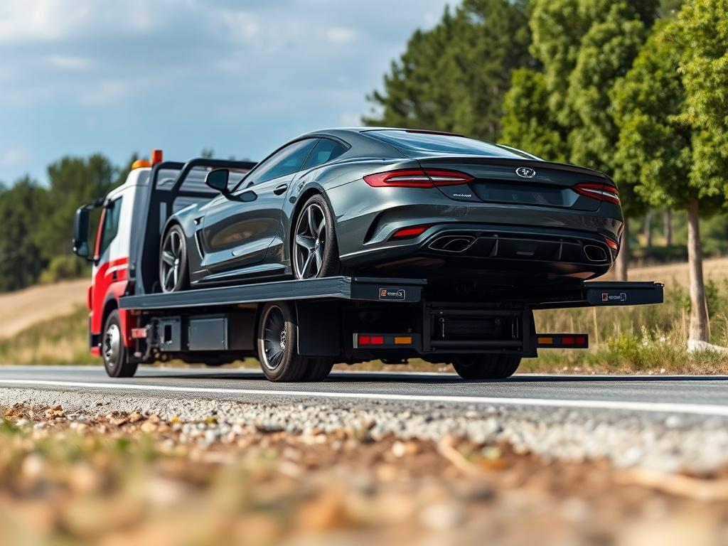 A high resolution image of a modern recovery truck loading