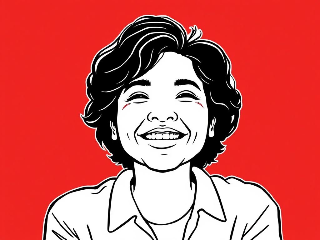 Outline of a person from head up, rendered in crisp, solid black line drawing style. The subject should be simple and clear, with a solid red background (rgb(245, 77, 77)). The focus should be on the outline of the person, expressing satisfaction and positivity.